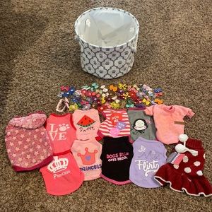 Puppy clothes, bows, collar and cloth tote